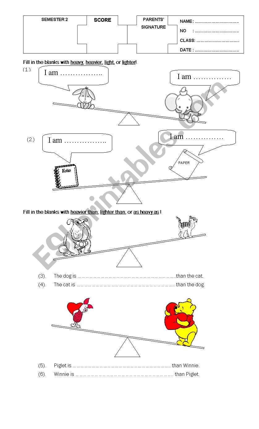 animals´ weight worksheet