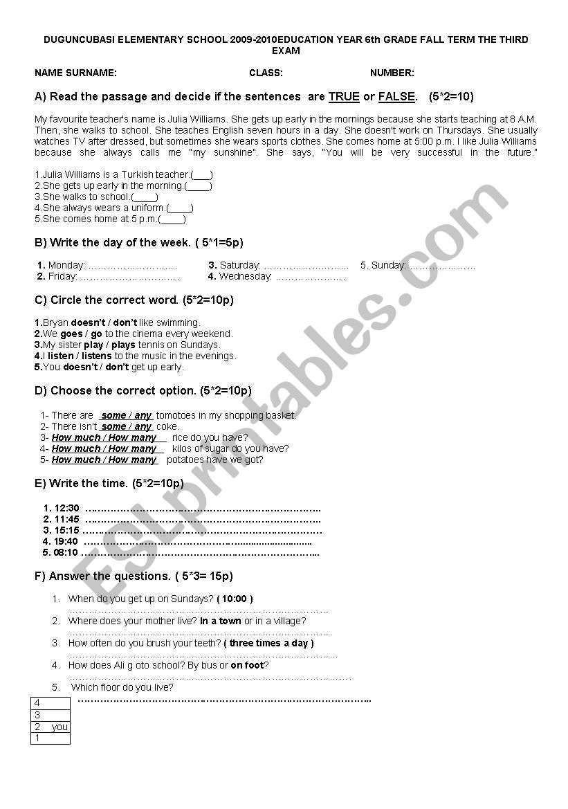 exam for primary school students