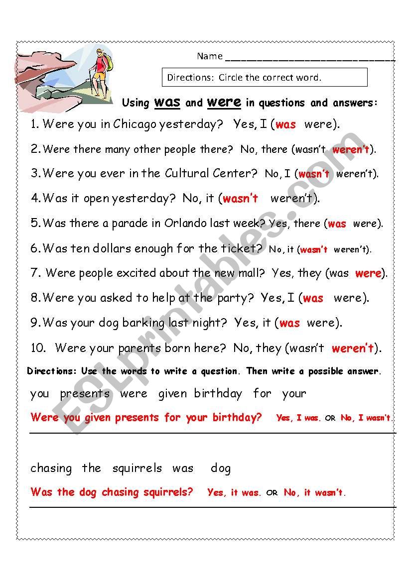 using was and were to ask and answer questions esl worksheet by lifetime learner