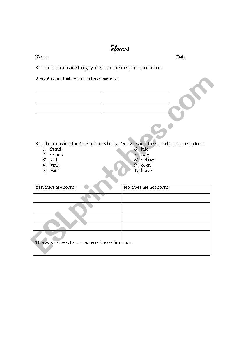 Noun intro worksheet