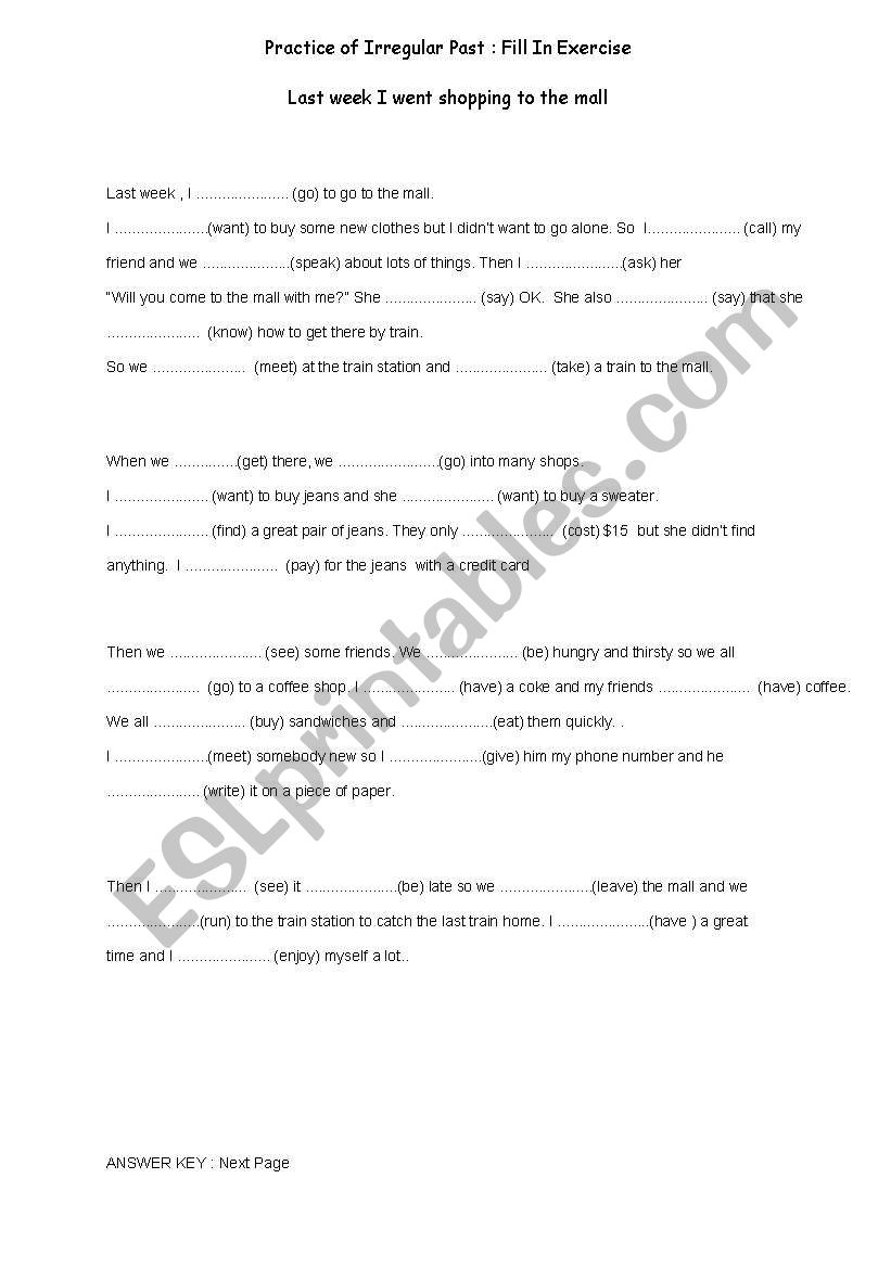 Practice of Irregular Past Tense: Fill in Exercise