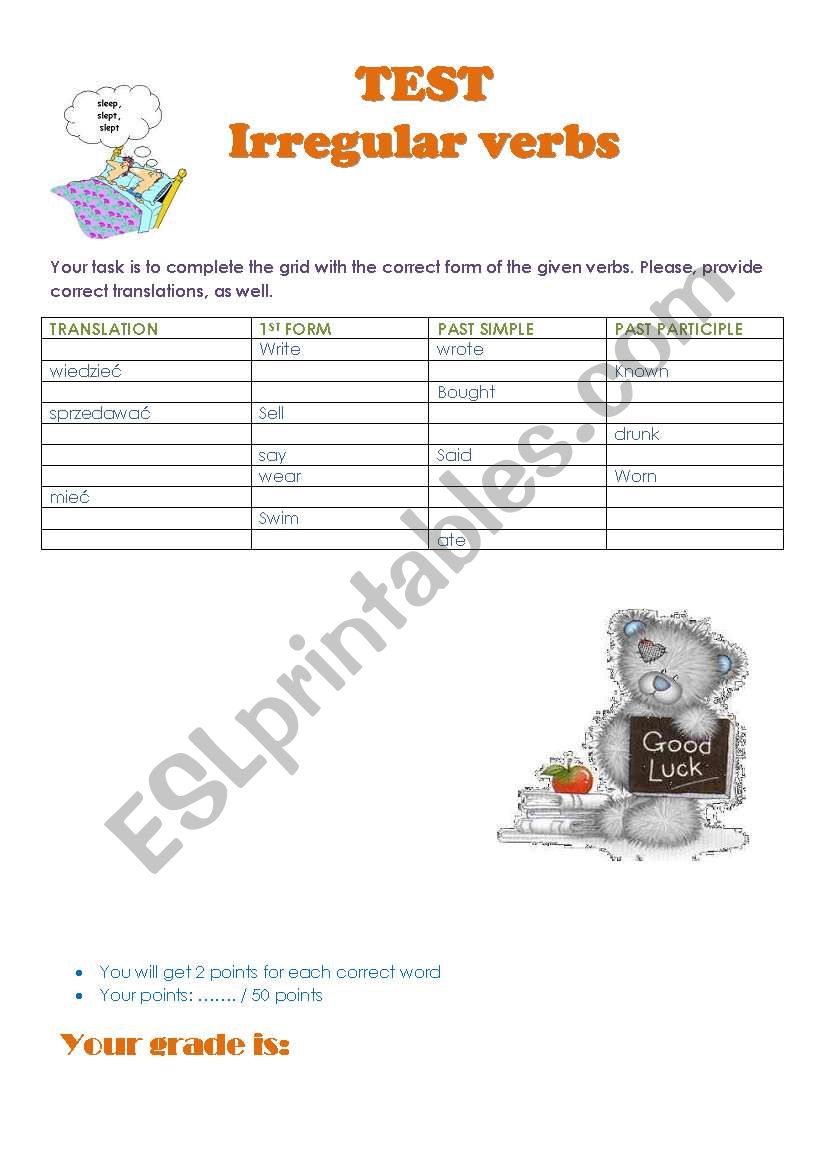 Irregular verbs - test worksheet