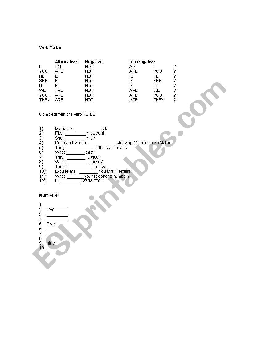 Verb To be and Numbers from one to ten