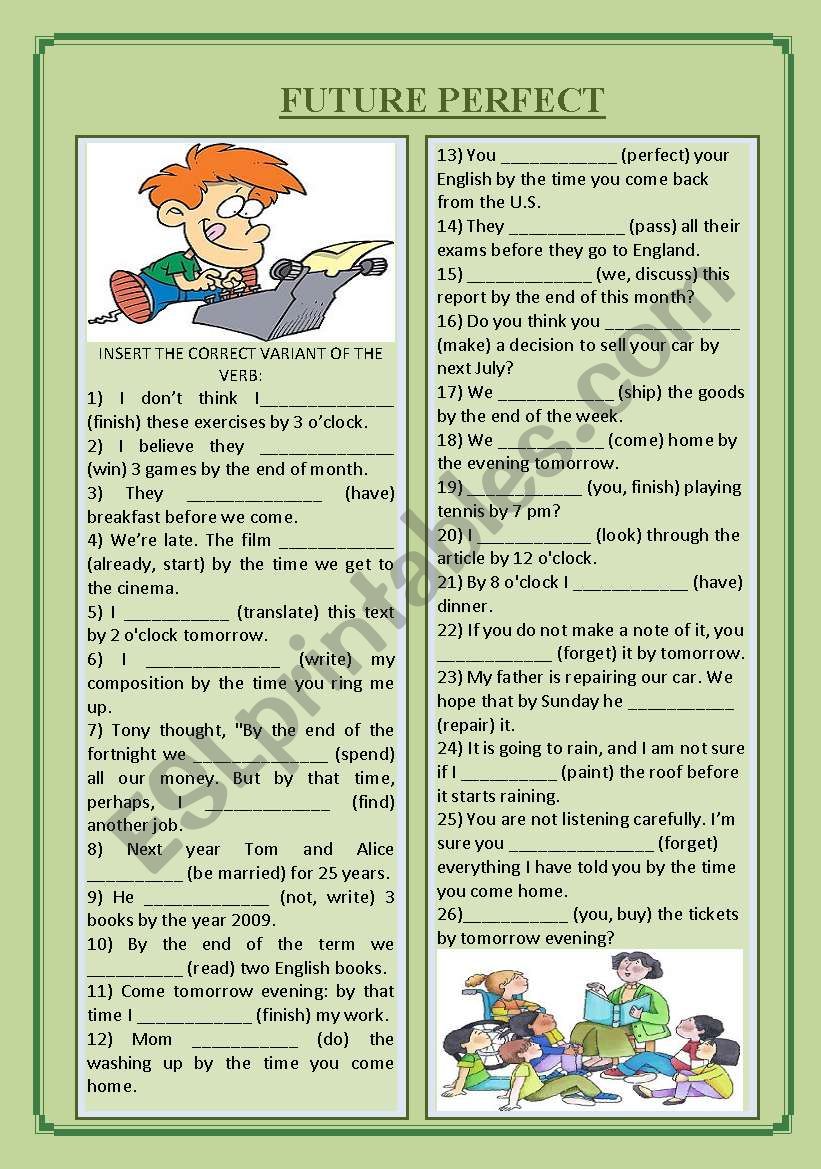 Future Perfect Exercises Sheet ESL Worksheet By Ukonka