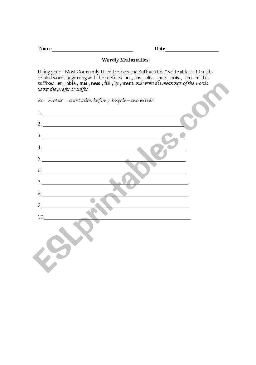 Wordly Mathematics worksheet