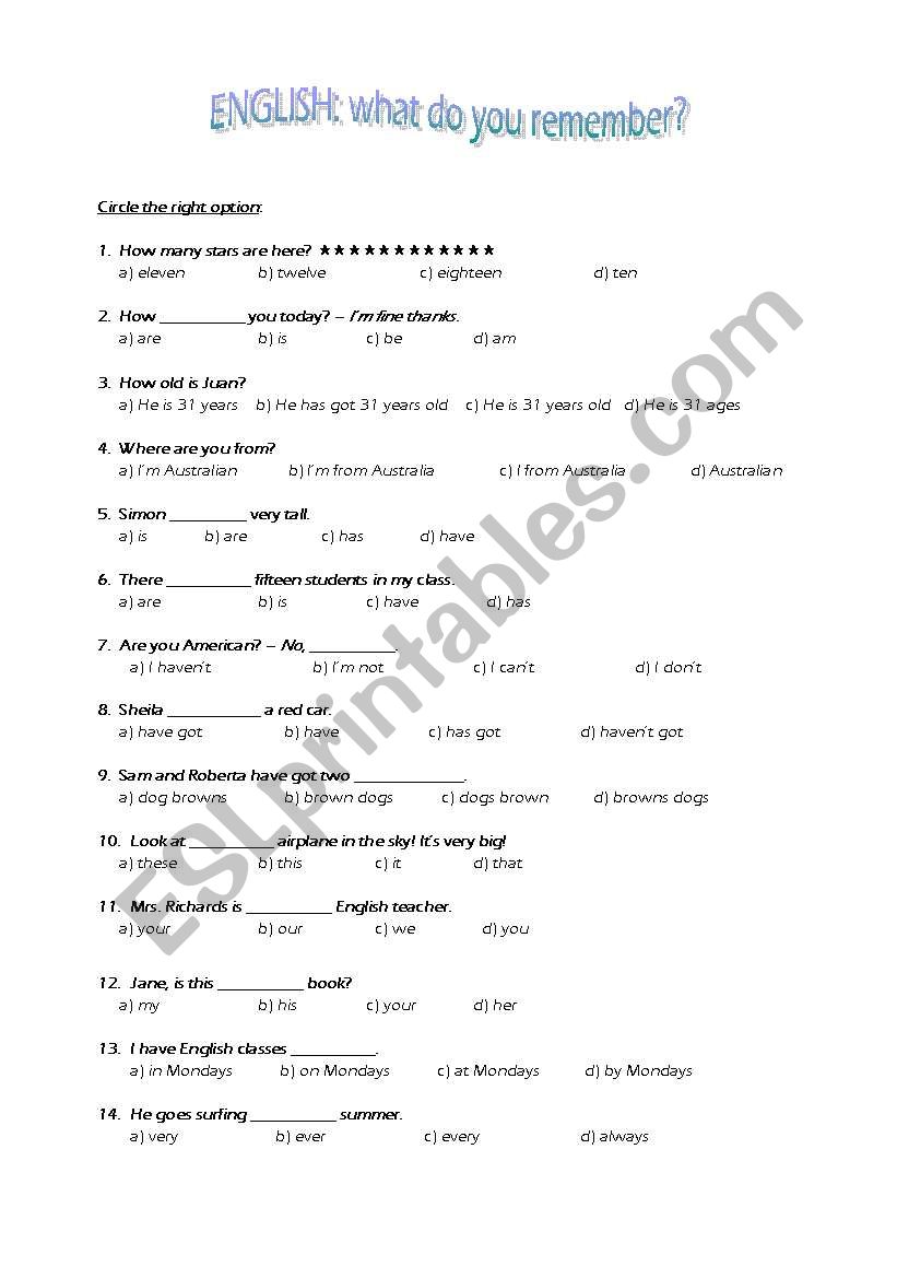 Diagnostic test worksheet