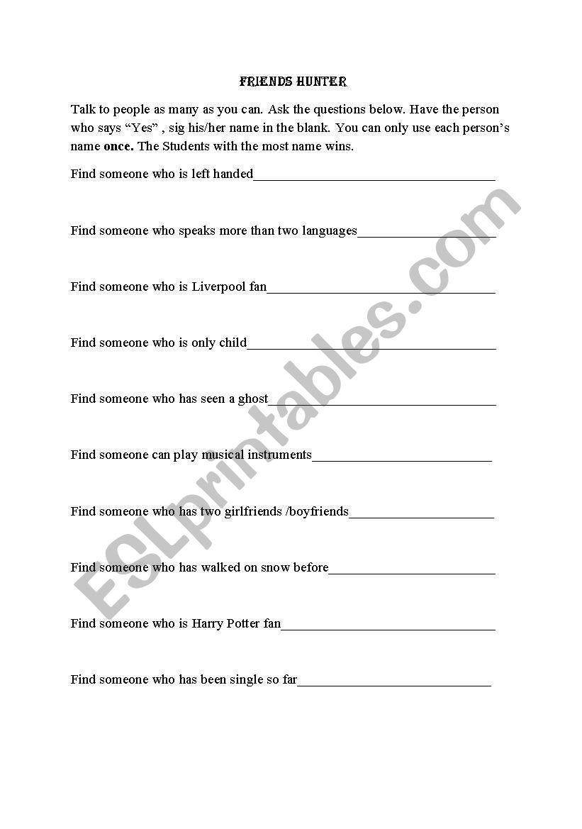 friends hunter worksheet