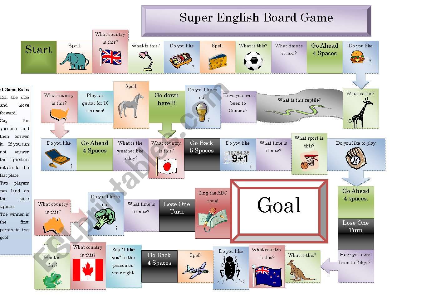 Super English Board Game - ESL worksheet by thedropper