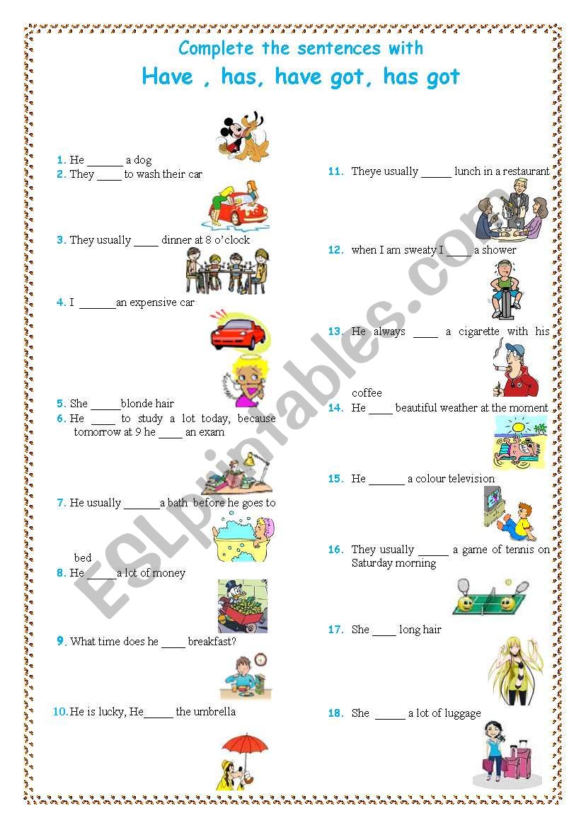 TWO PAGES -HAVE or HAS WITH OR WITHOUT ´´GOT´´ - ESL worksheet by saladinos