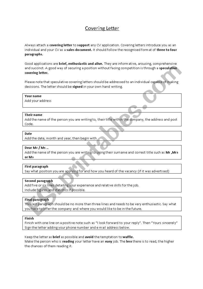 cover letter instructions worksheet