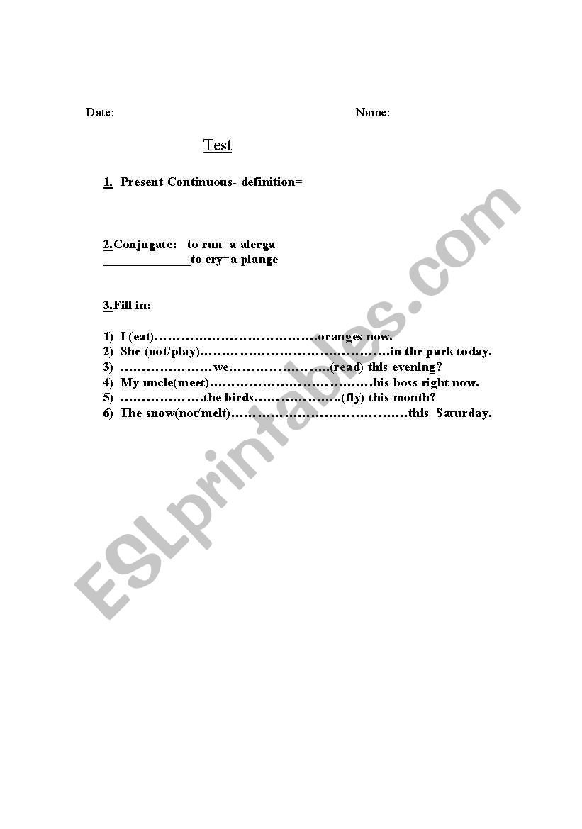 testing present continuous worksheet