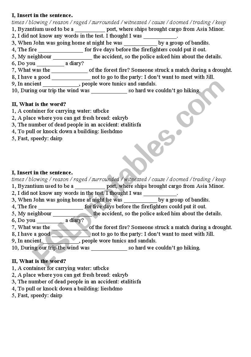 vocabulary of Fire of London 1666, to use with Enterprise Plus