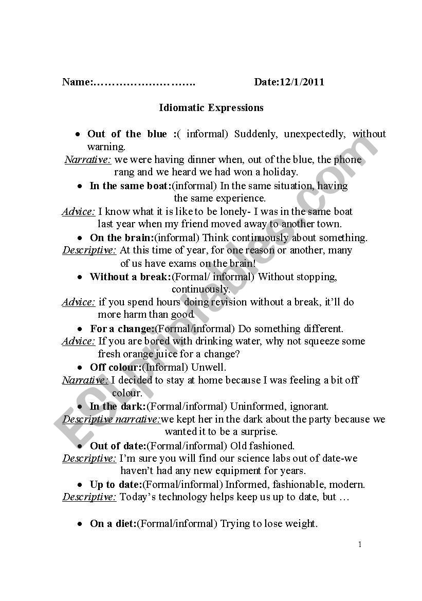 Idiomatic Expressions ESL Worksheet By Amanytharwat