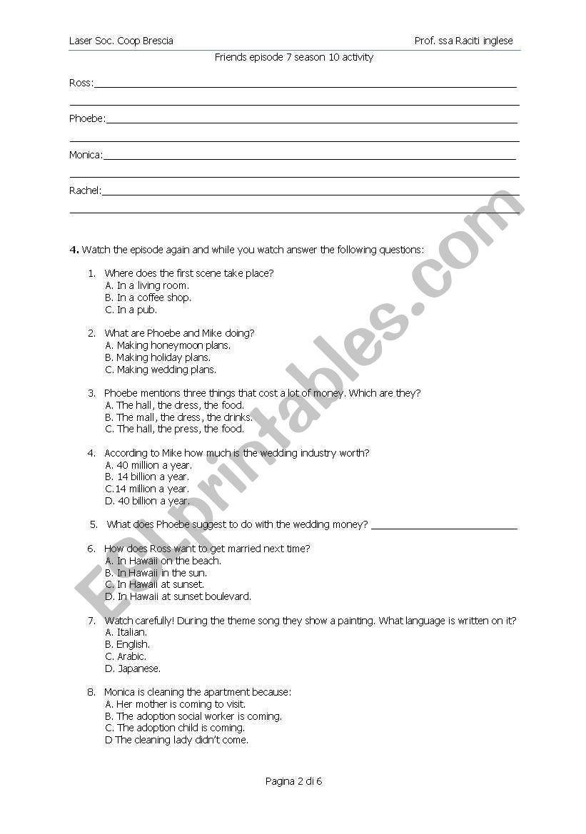 Worksheet Friends season 10 episode 7 - ESL worksheet by claudineraciti