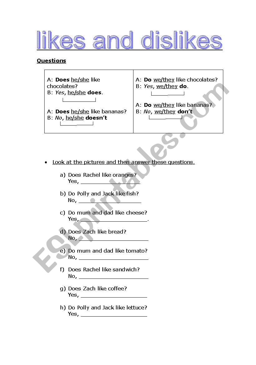 likes and dislikes -questions worksheet