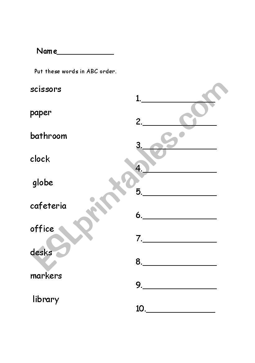 classroom vocabulary ABC order