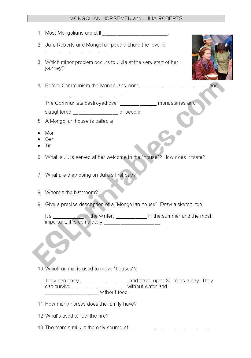 Mongolia with Julia Roberts worksheet