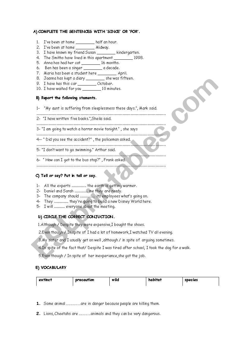 reported speech questions mixed exercises pdf