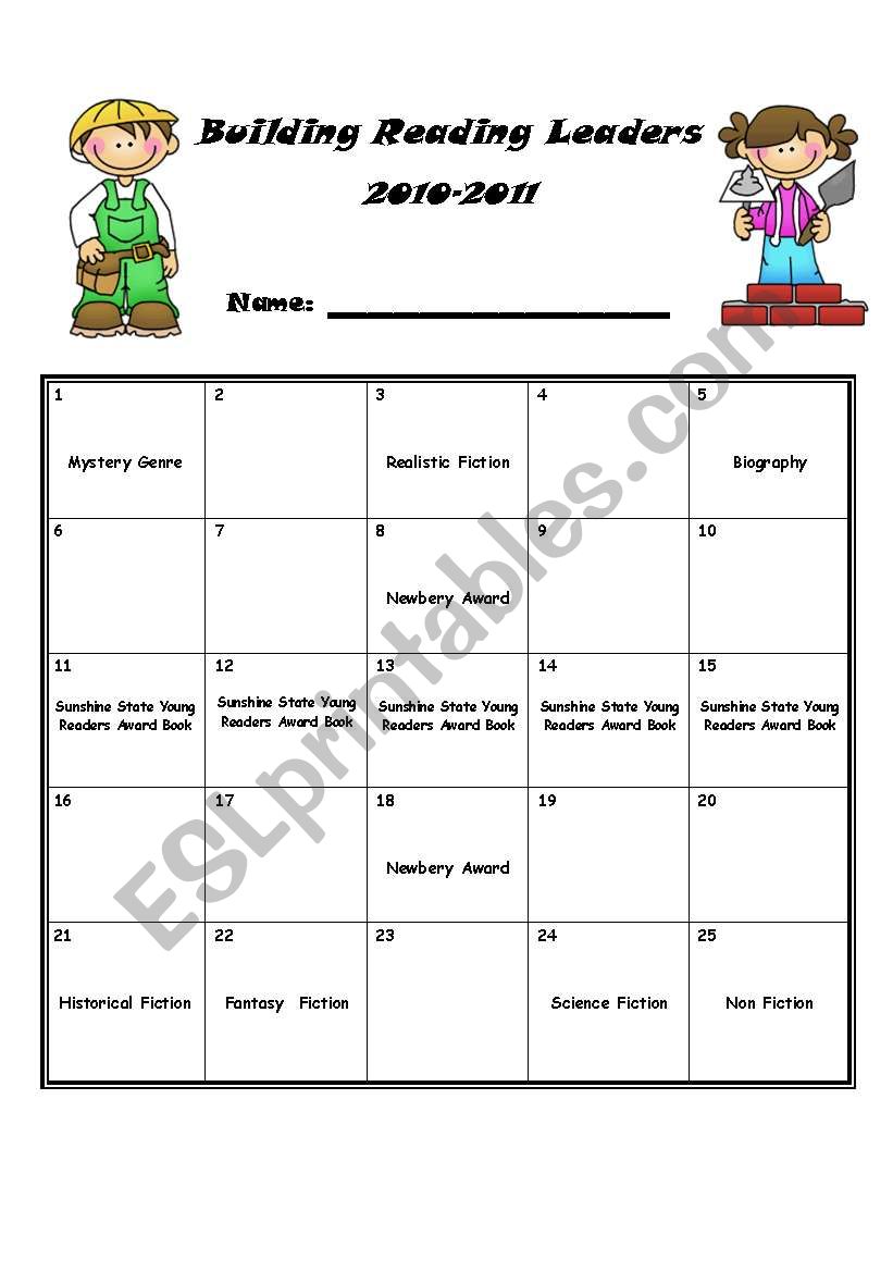 Reading Bingo Card worksheet