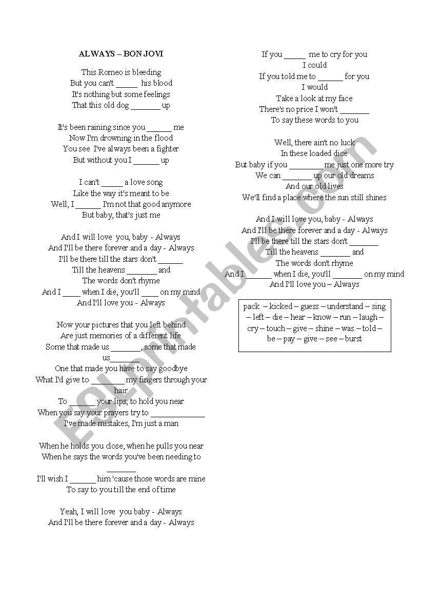 SONG: ALWAYS - BONJOVI worksheet