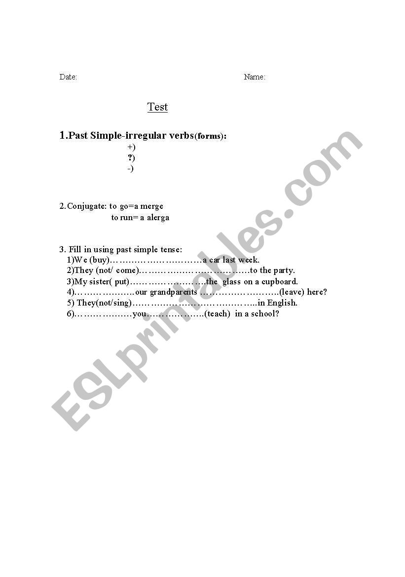 testing worksheet