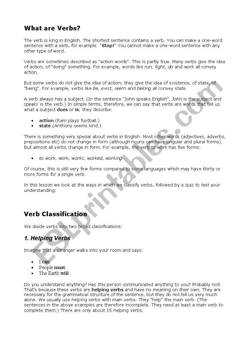 explain of verbs worksheet