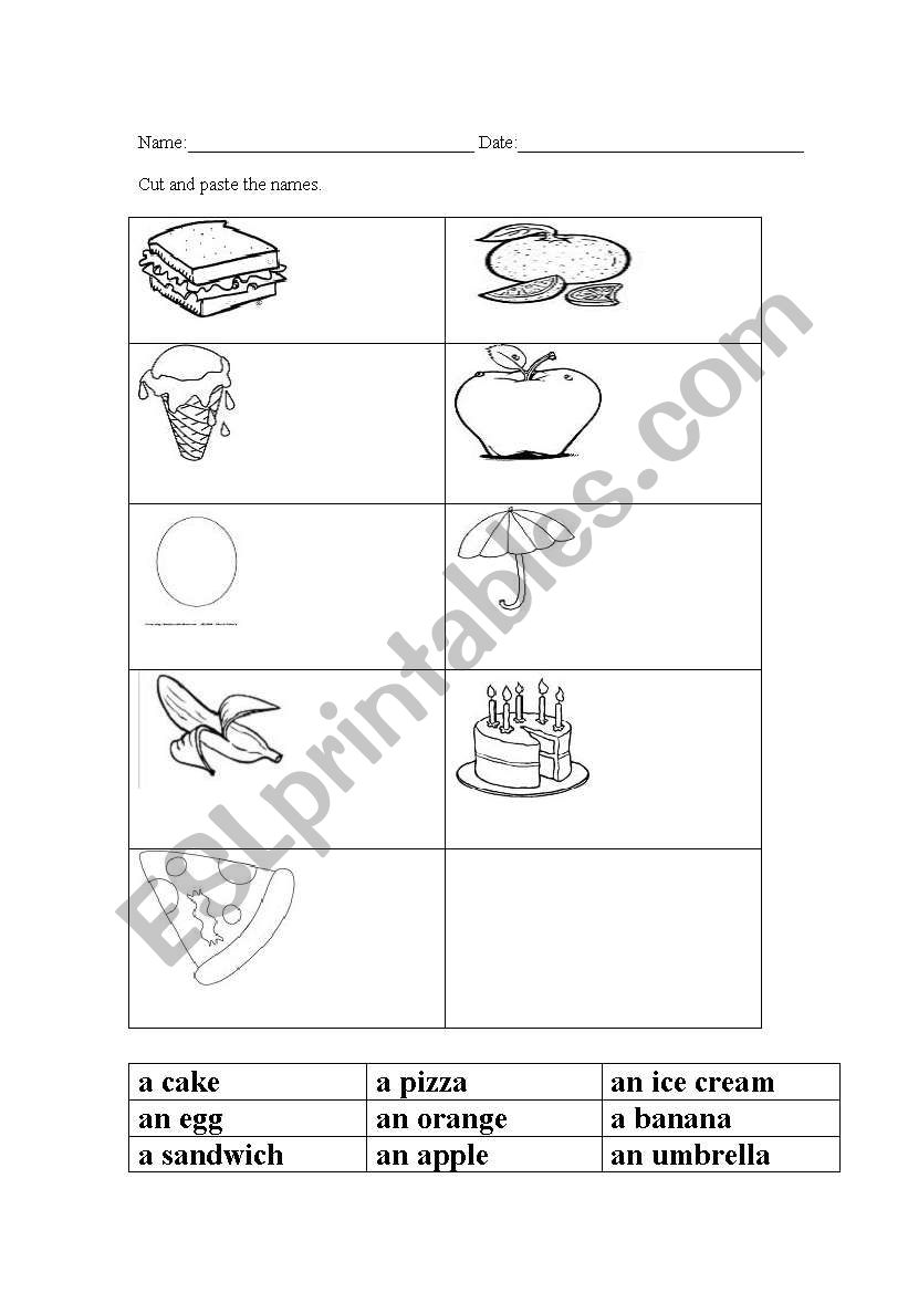 foods (cut and paste) worksheet