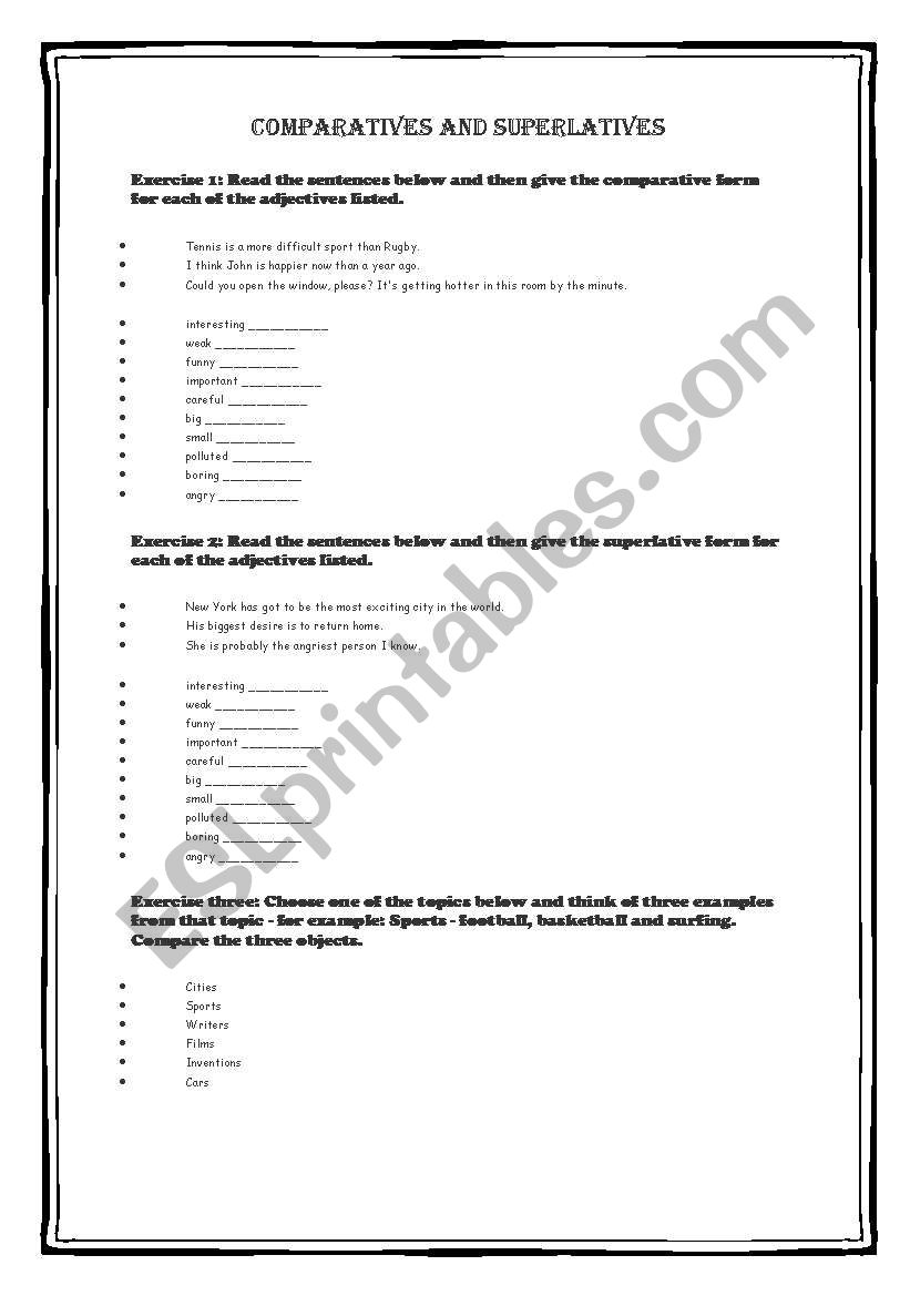 COMPARATIVE AND SUPERLATIVE worksheet