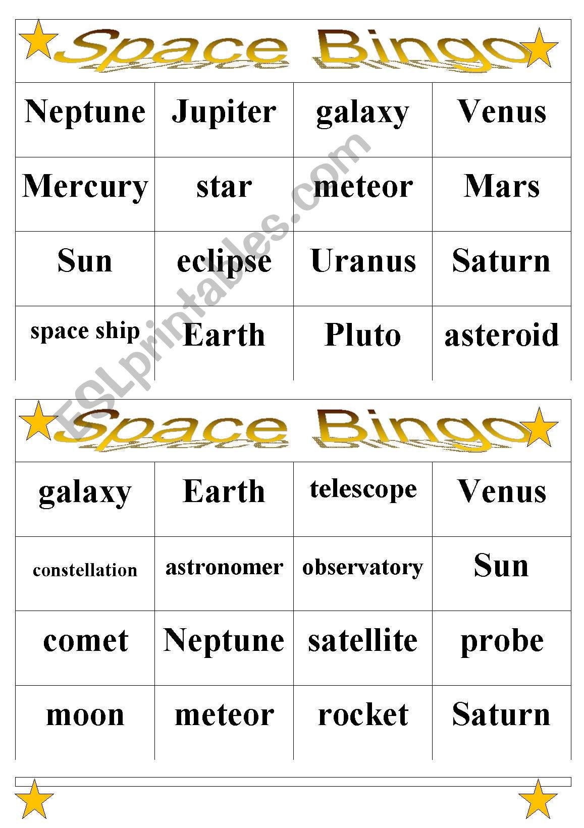 SPACE BINGO worksheet