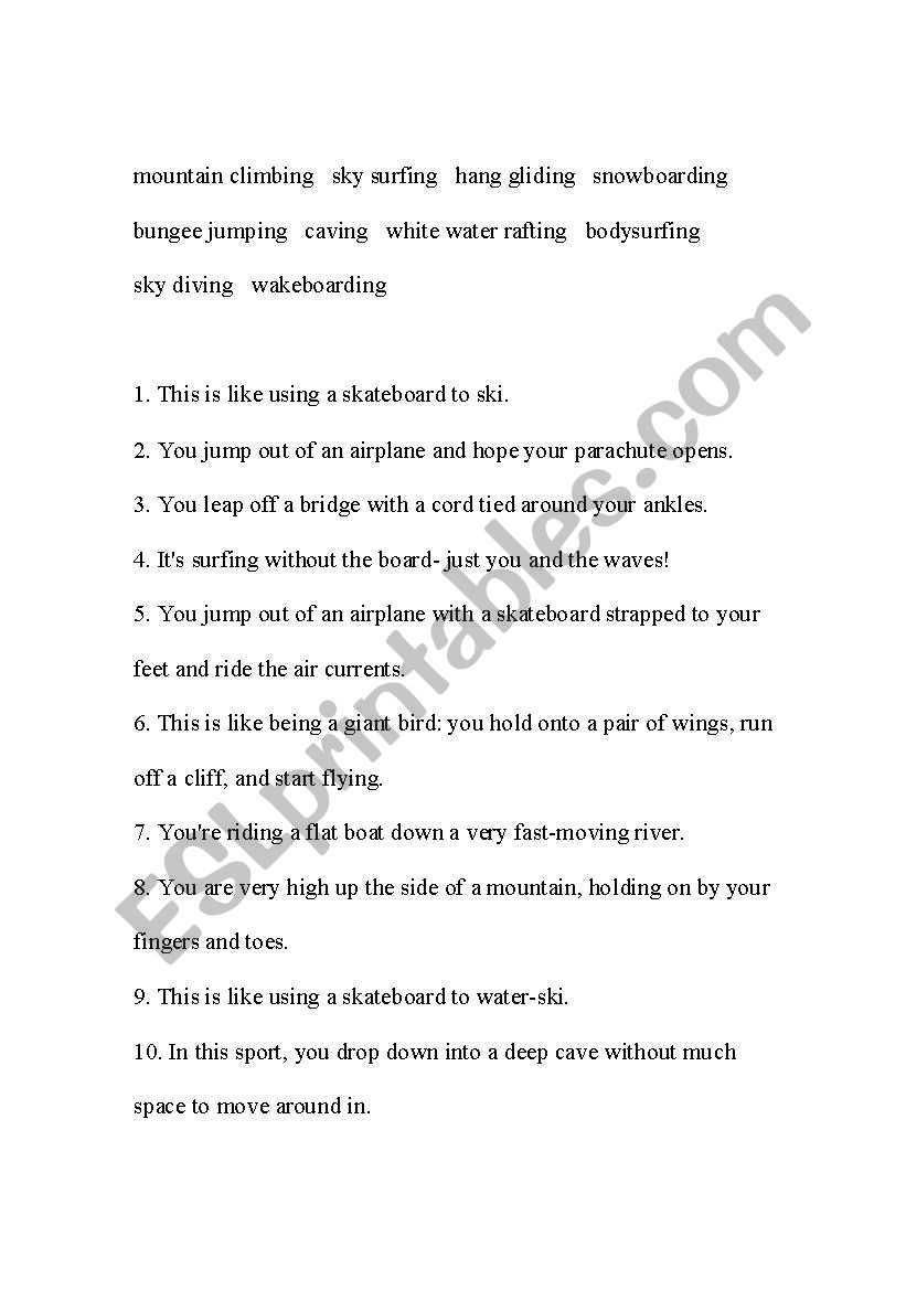 Extreme Sports worksheet