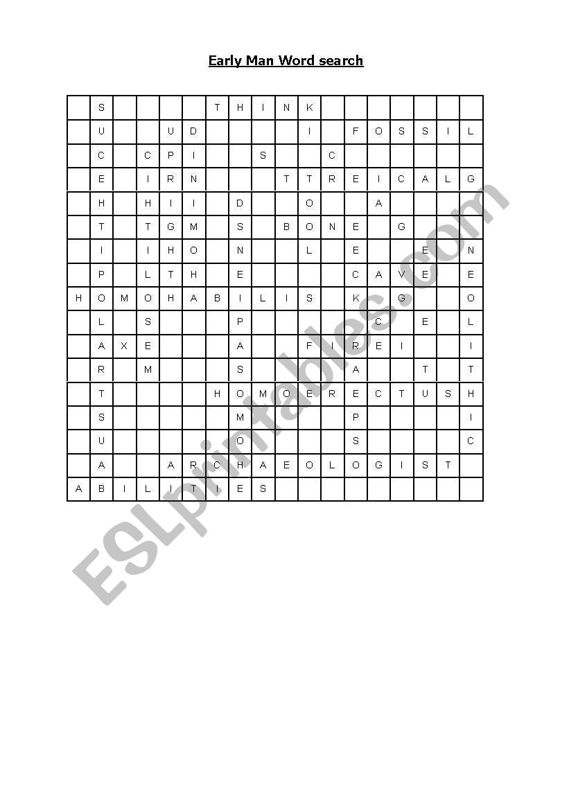 Early Man Word Search worksheet