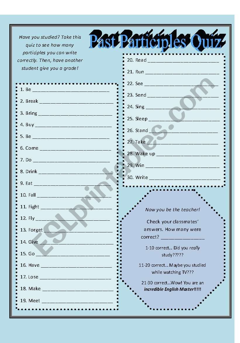 Past Participles Quiz ESL Worksheet By Jwendt