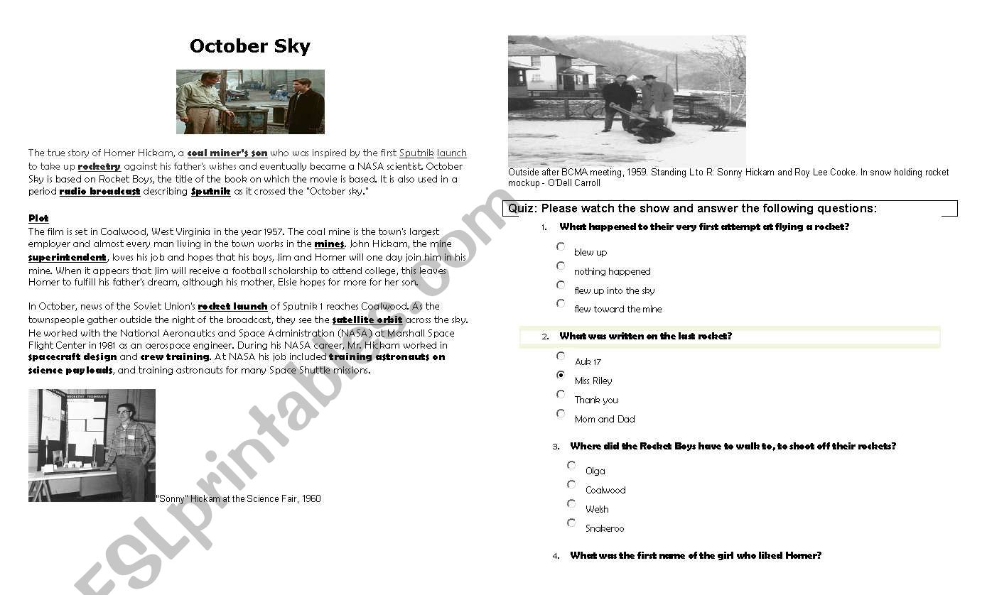 October sky worksheet
