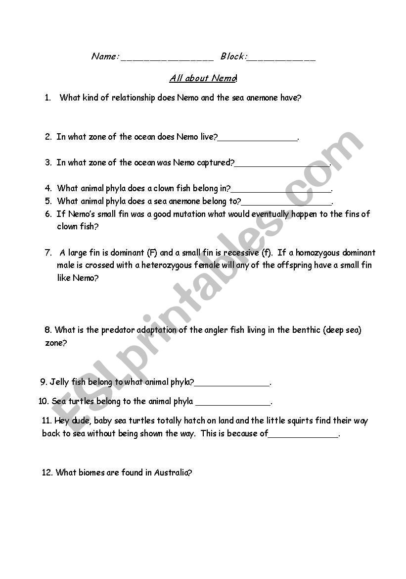 All About Nemo worksheet