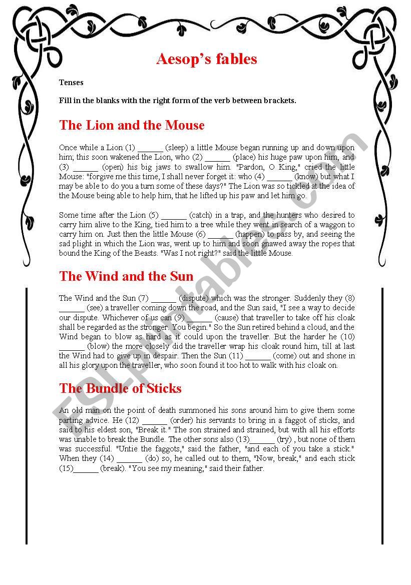 Aesops Fables Tense Practice Esl Worksheet By Ptrces