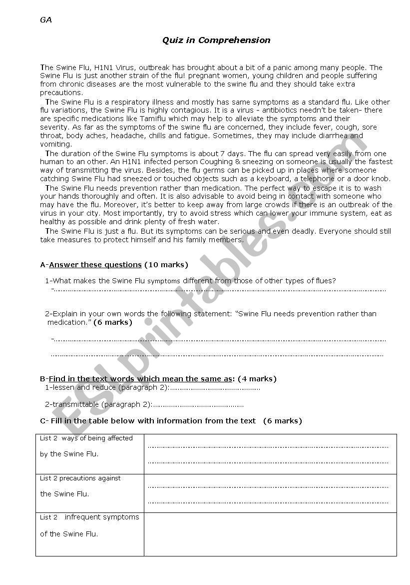 Comprehension Quiz worksheet