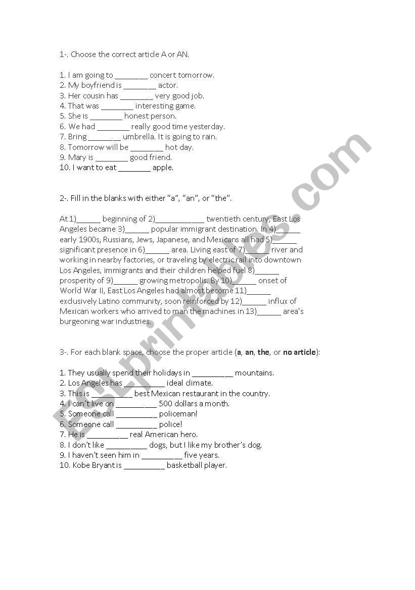 Exercises -The articles worksheet