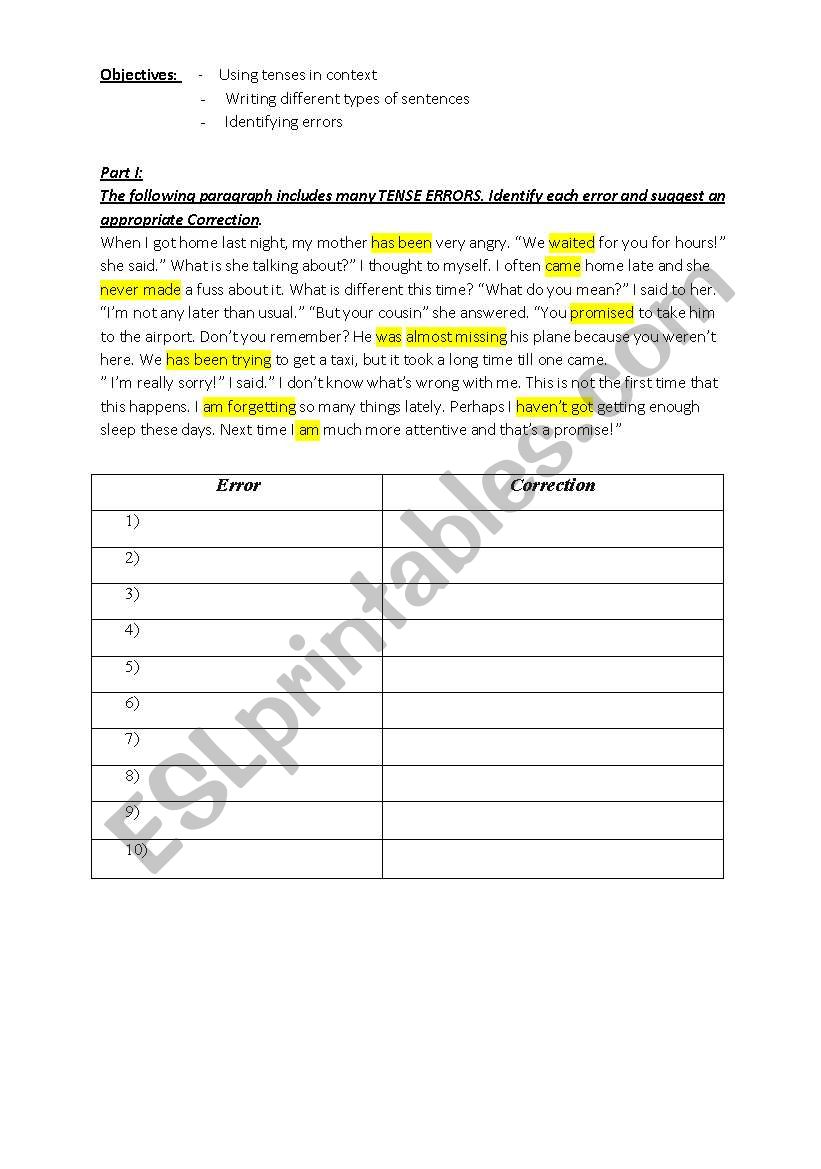 error identification worksheet