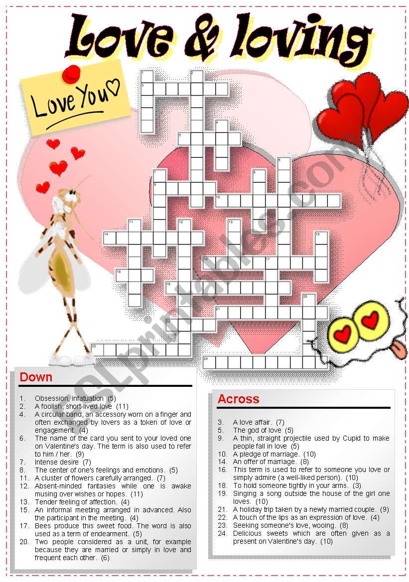 VALENTINE S CROSSWORD PUZZLE ESL Worksheet By Pilarmham