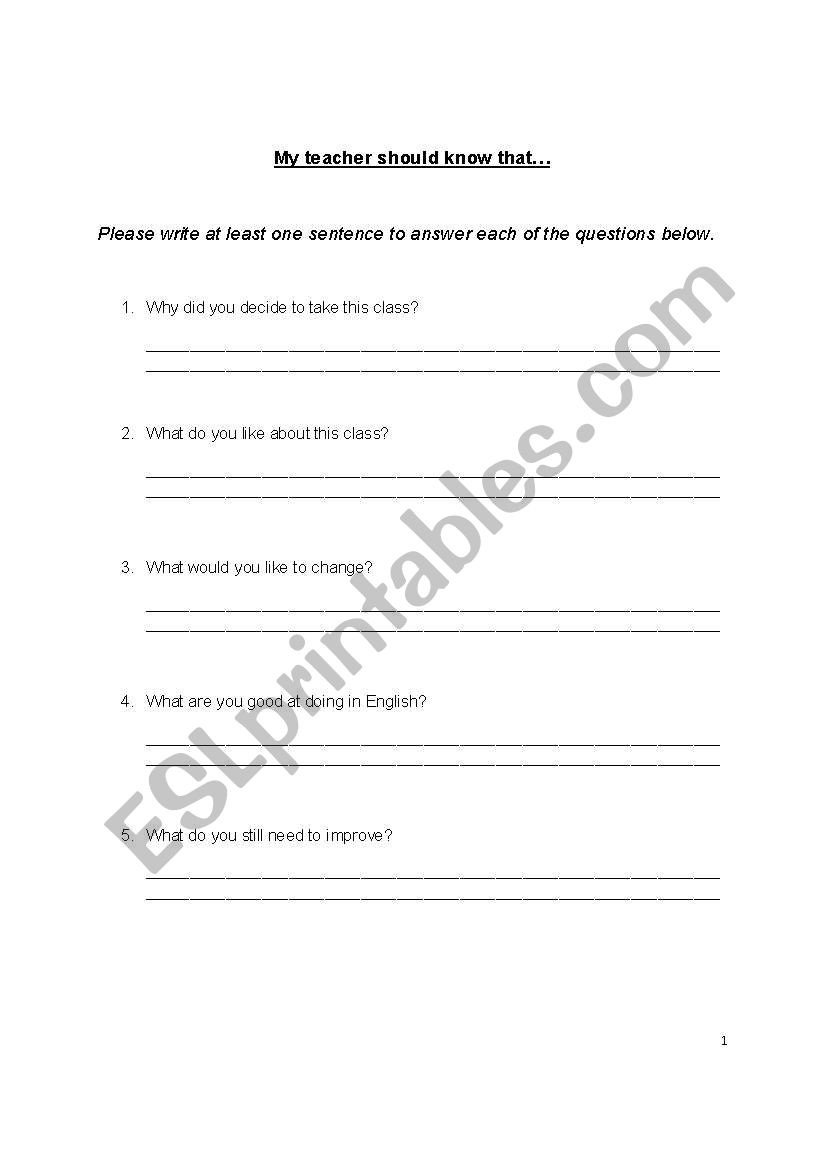 Student Survey worksheet