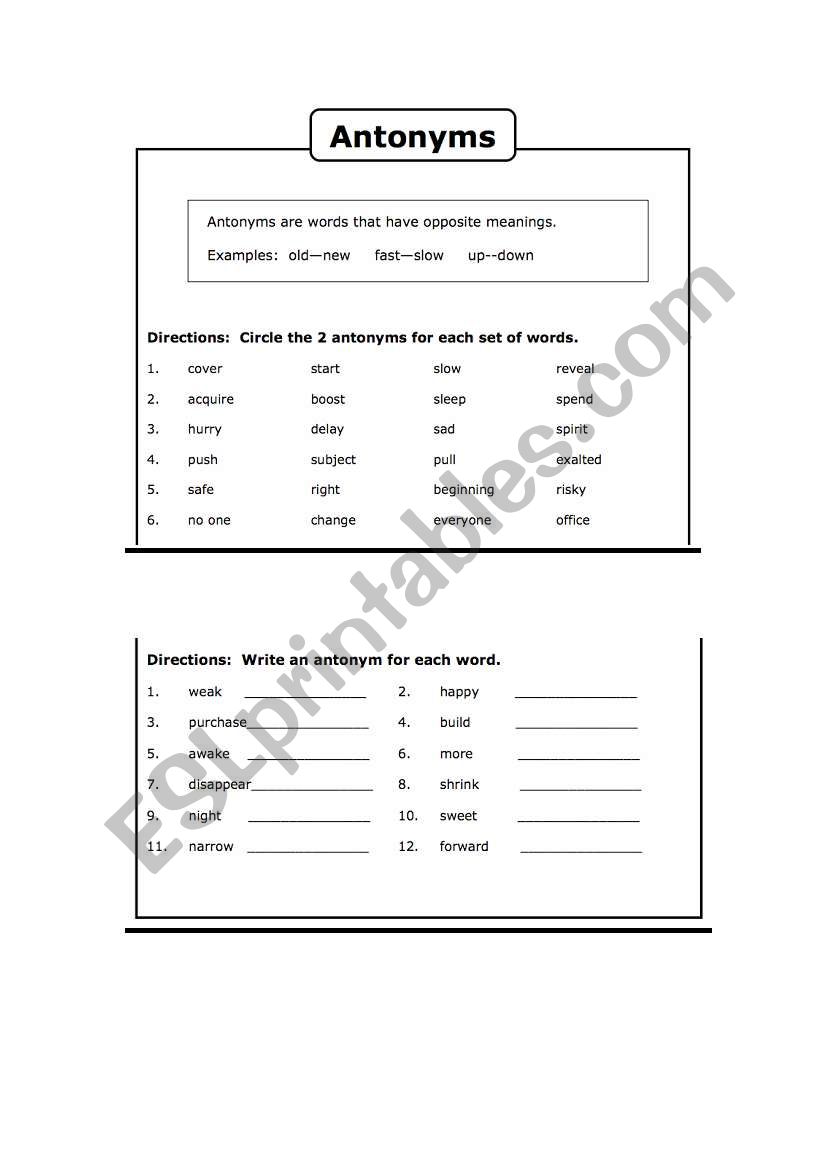 Antonyms worksheet