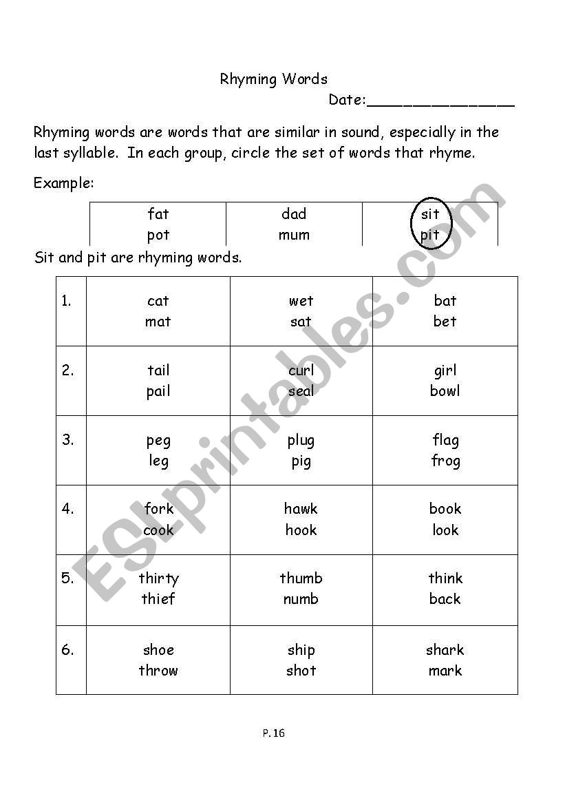 English Worksheets Rhyming Words