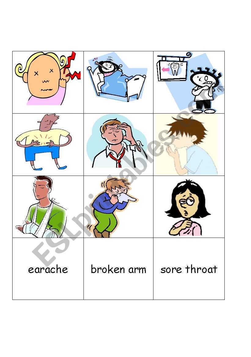 Memory - Being sick (word/picture match) - ESL worksheet by Rote Heike