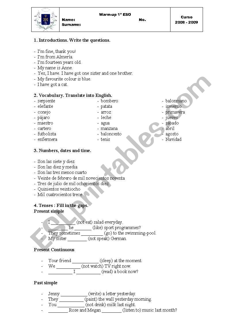 Warm up for 1 ESO worksheet