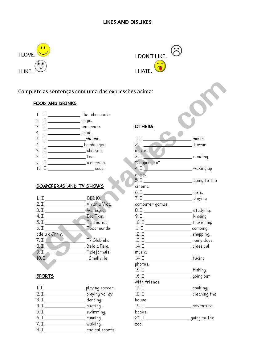 likes and dislikes worksheet