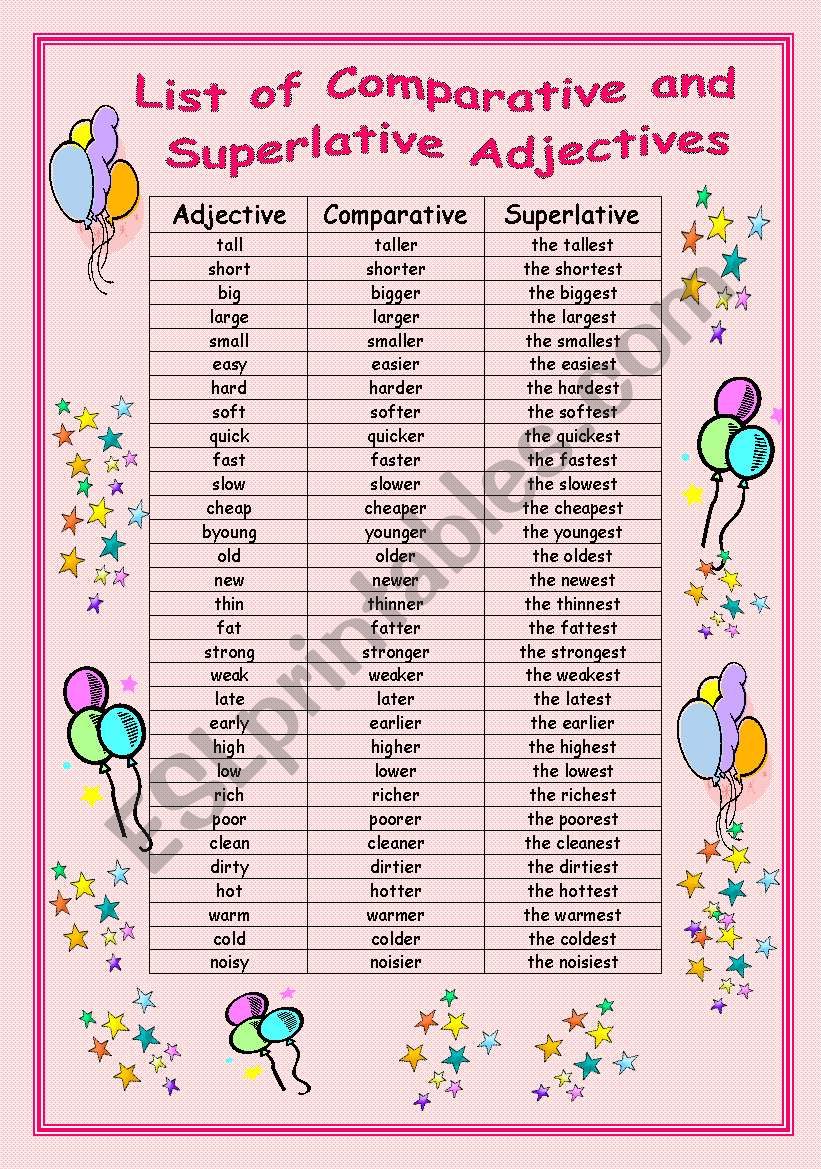 List Of Comparative And Superlative Adjectives ESL Worksheet By Cityofangels