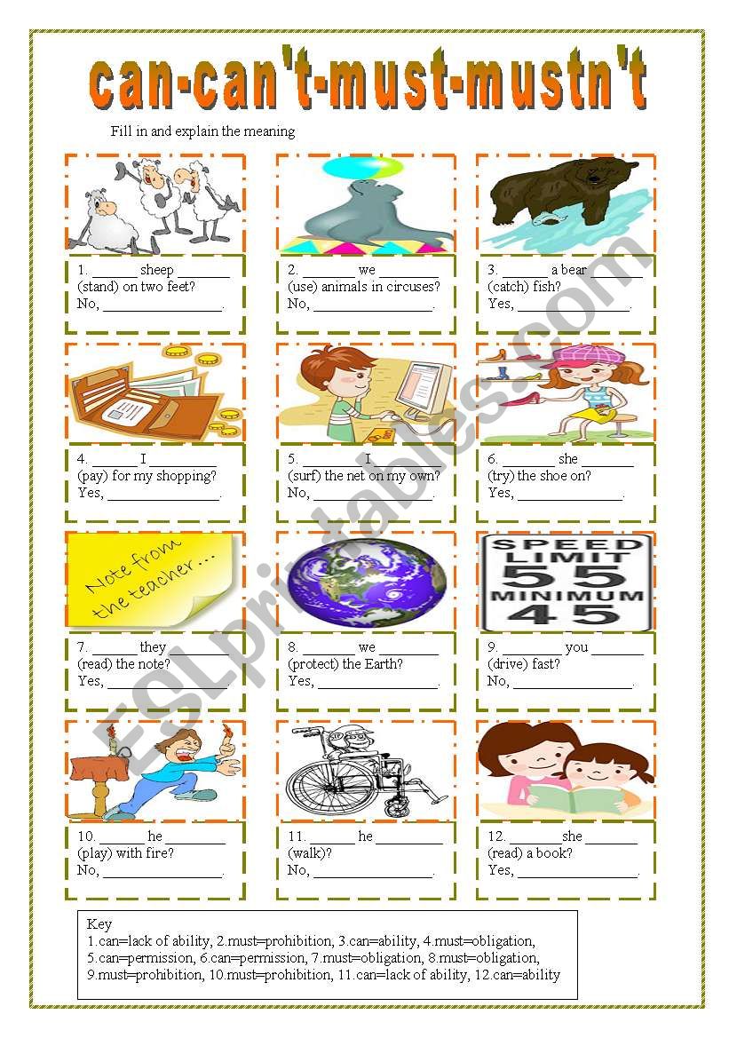 Can can t must mustn t ESL Worksheet By LILIAAMALIA