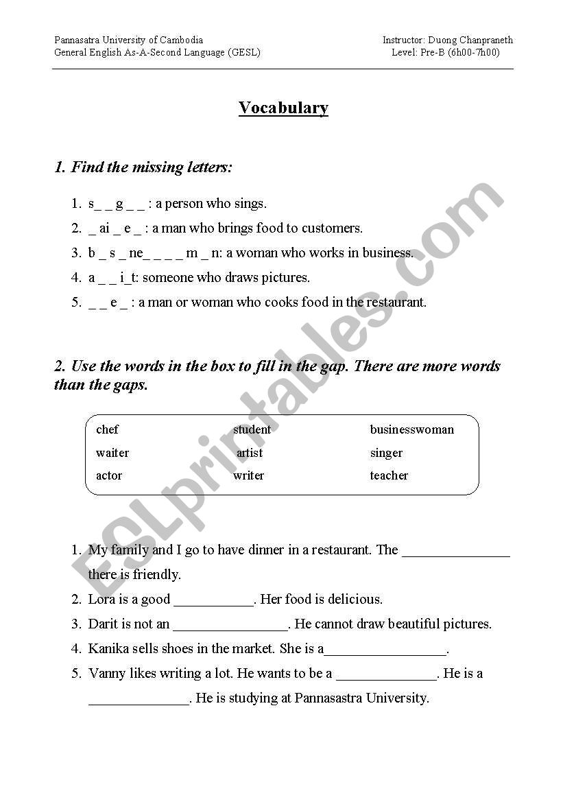 Vocabulary about jobs worksheet
