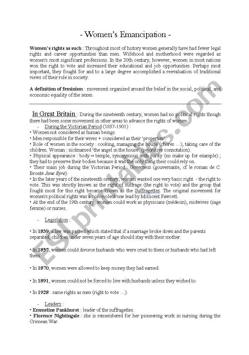 Womens emancipation worksheet