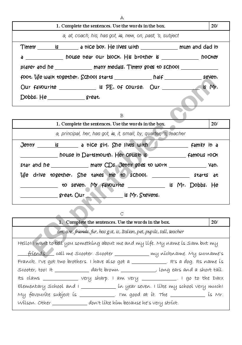 Gap fill test A, B, C worksheet